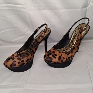 Sam Edelman Calf Hair Leopard Print Slingback Platform Stilettos - Brown & Black